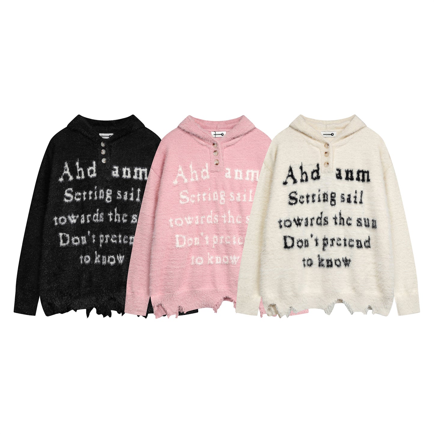 Letter Damage Oversize Knit Hoodie WN11239