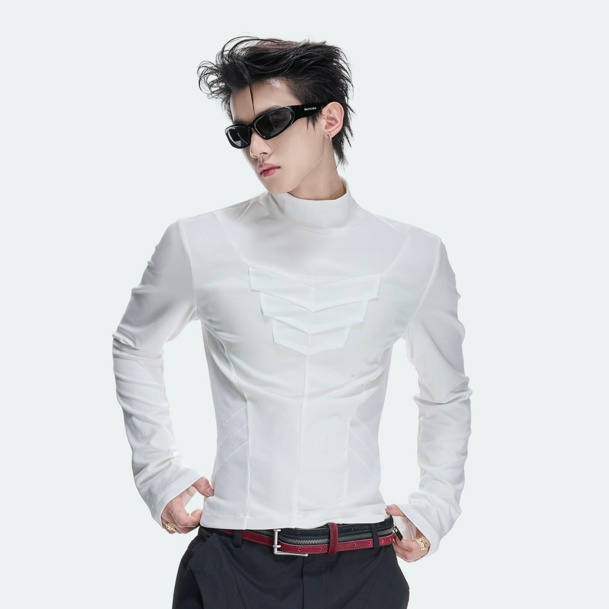 High-Neck Structured Stretch Cropped Long Sleeve T-Shirt WN27039