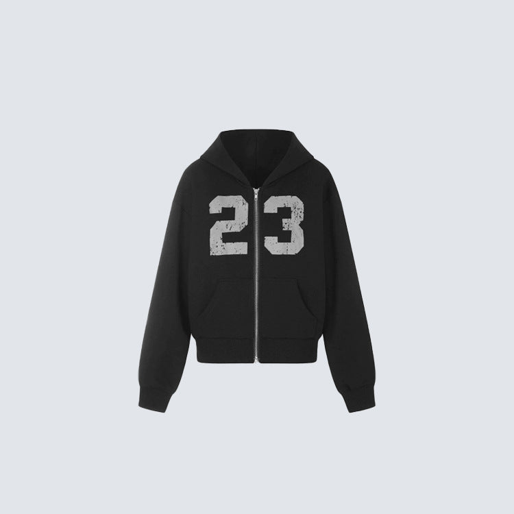 Cropped Number Graphic Zipper Hoodie WN27966