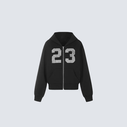 Cropped Number Graphic Zipper Hoodie WN27966