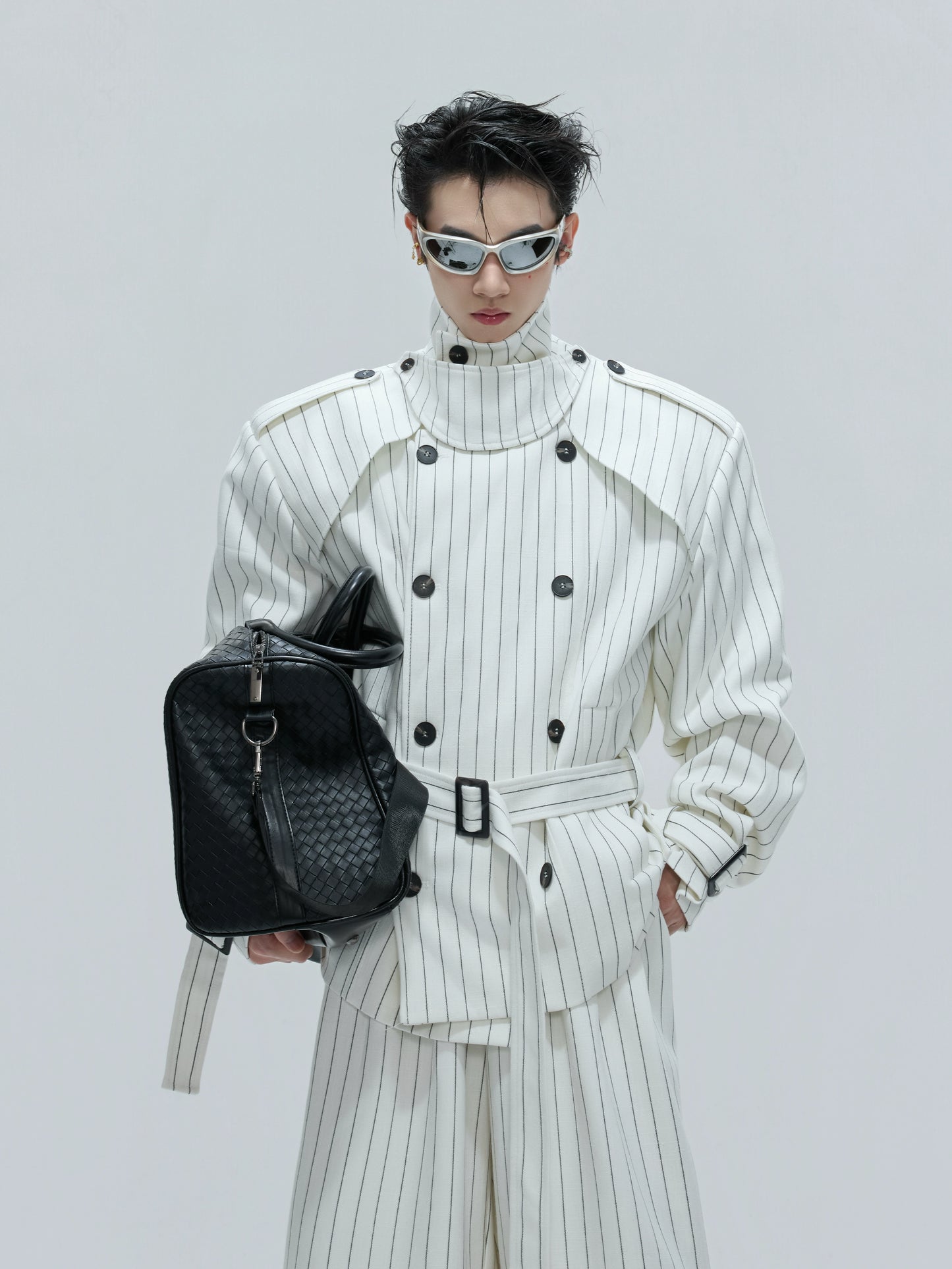 Stripe Multi-Panel Shoulder-Pad Belted Jacket & Trousers Setup WN21729