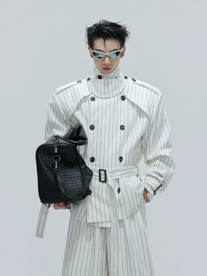 Stripe Multi-Panel Shoulder-Pad Belted Jacket & Trousers Setup WN21729