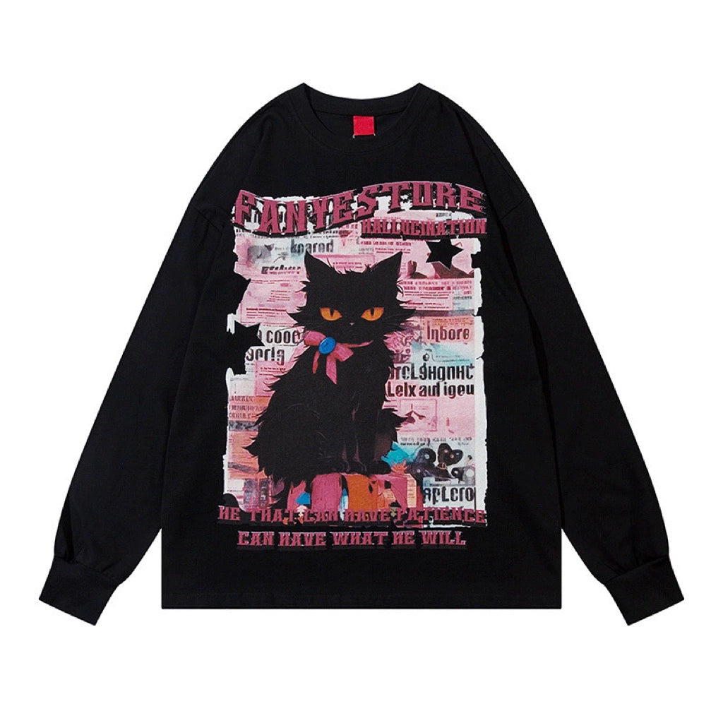 Black Cat Print Oversize Long Sleeve T-Shirt WN8401