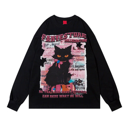 Black Cat Print Oversize Long Sleeve T-Shirt WN8401