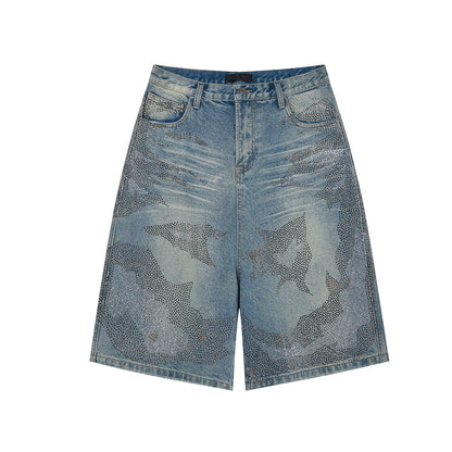 Rhinestone Camouflage Wash Denim Half Pants WN25558
