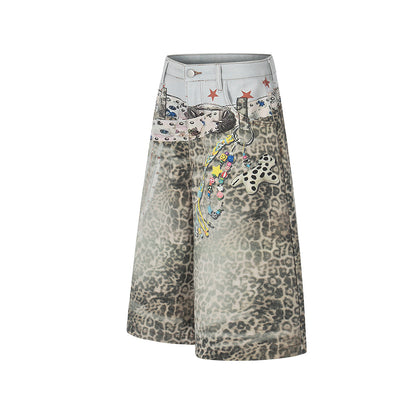 Allover Leopard Print Wide Leg Short Denim Jeans WN25650