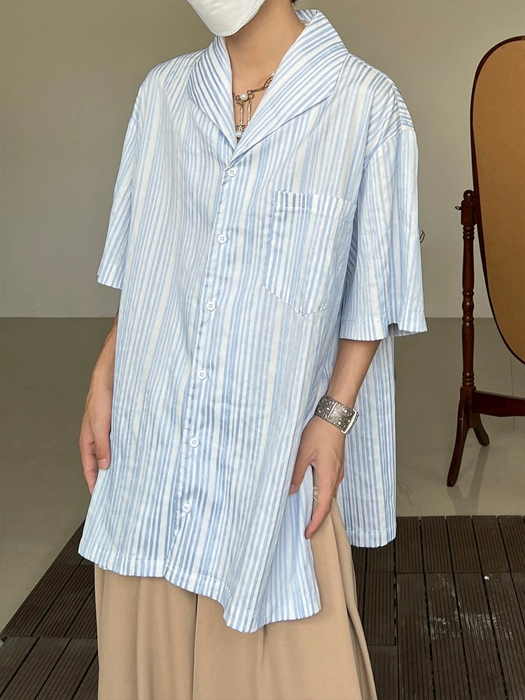 Stripe Irregular Cuban Collar Short Sleeve Shirt WN19999