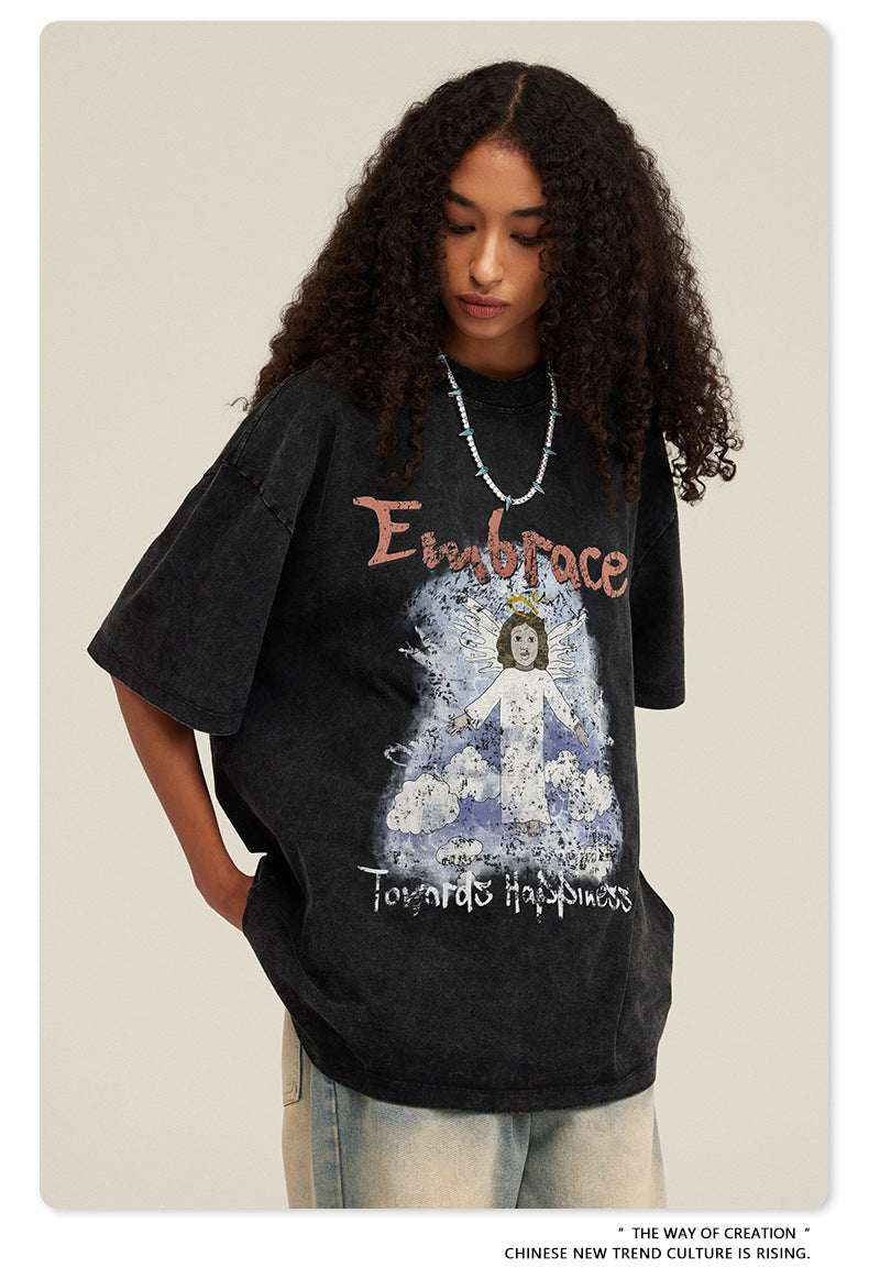 Oversize Angel Print Round Neck Short Sleeve T-Shirt WN7893