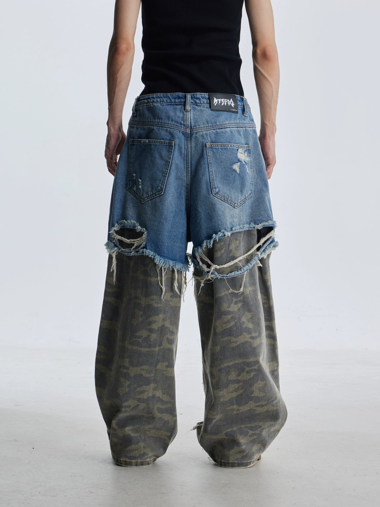 Splicing Fake Layered Damage Hole Wide Leg Denim Jeans WN21331