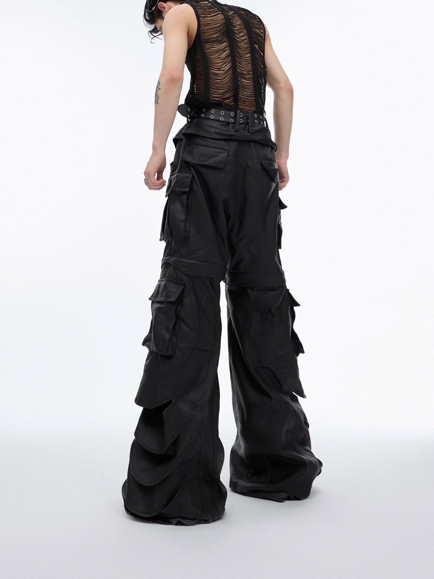 Leather Like Detachable Hem Wide-Leg Baggy Cargo Pants WN6482