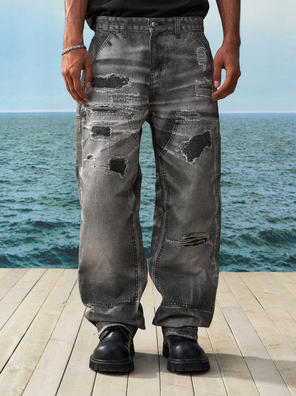 Damage Wash Straight Denim Jeans WN23221