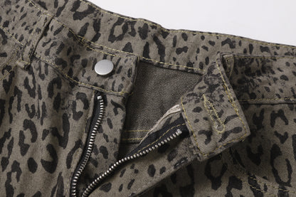 Leopard Print Curved Straight Wide Leg Denim Jeans WN25675