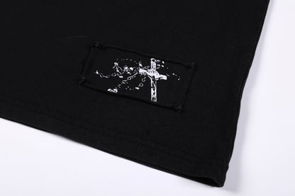 Patch Cross Studs Damage Washed Short Sleeve T-Shirt WN28118