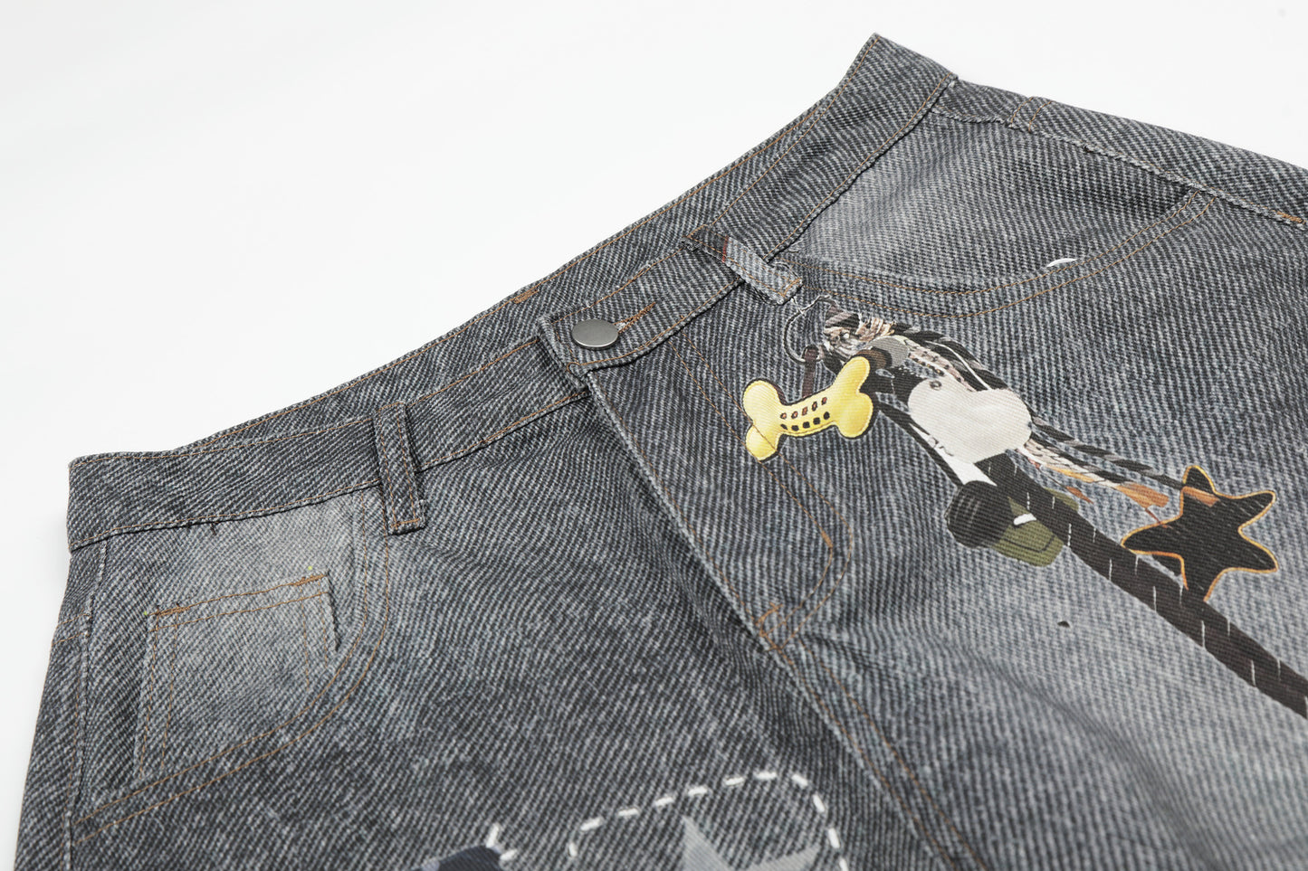 Applique Patchwork Wide Leg Half Denim Pants WN25625