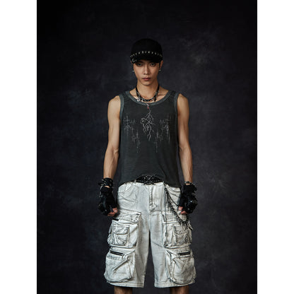 Embroidery Design Washed Dyed Sleeveless T-Shirt WN18436