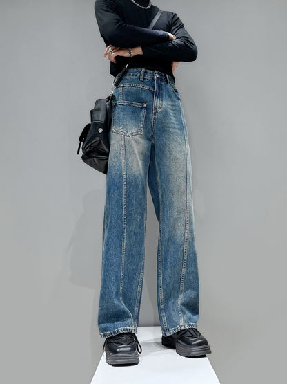 Pocket Patchwork Wide Leg Denim Jeans WN23913