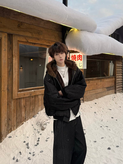 Fake Fur Collar Hooded Denim Jacket & Wide Leg Denim Jeans Setup WN23190