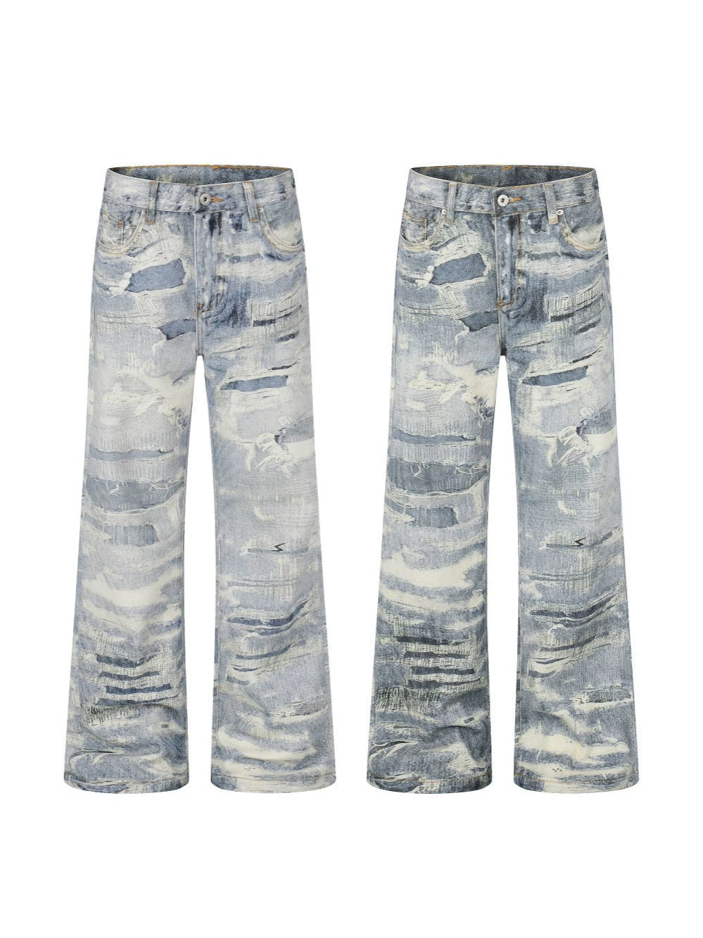 3D Print Damage Washed Wide Leg Denim Jeans WN27953