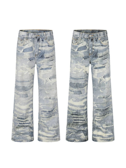 3D Print Damage Washed Wide Leg Denim Jeans WN27953