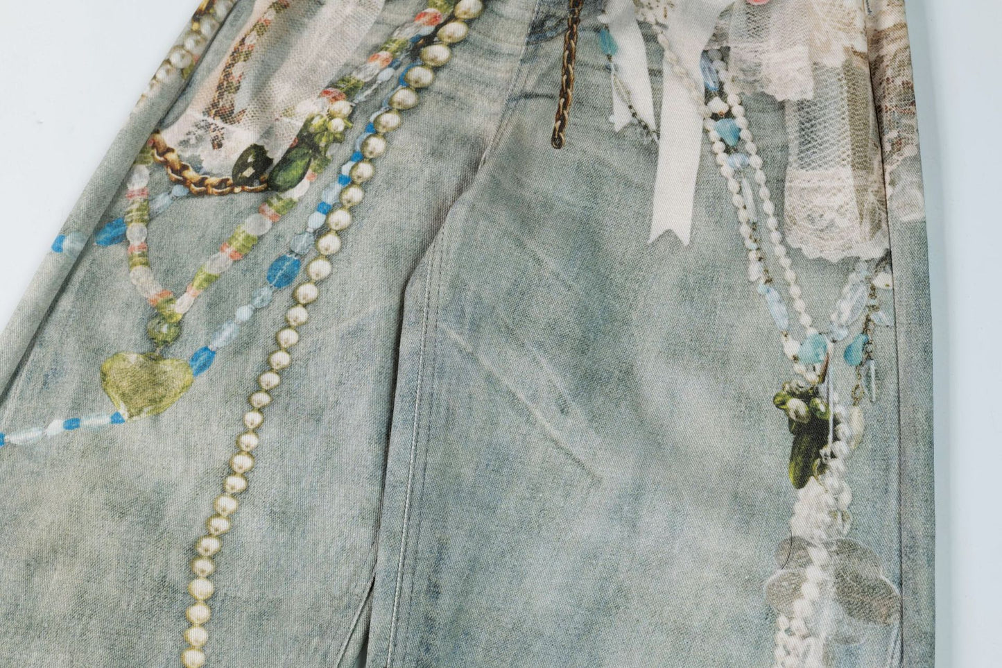 3D Print Washed Wide Leg Denim Jeans WN23038