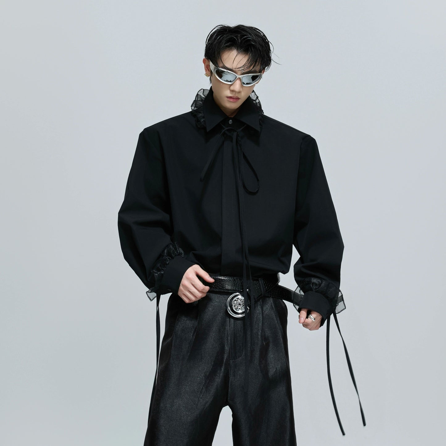 Detachable Ribbon Lace Shoulder-Pad Long Sleeve Shirt WN21713