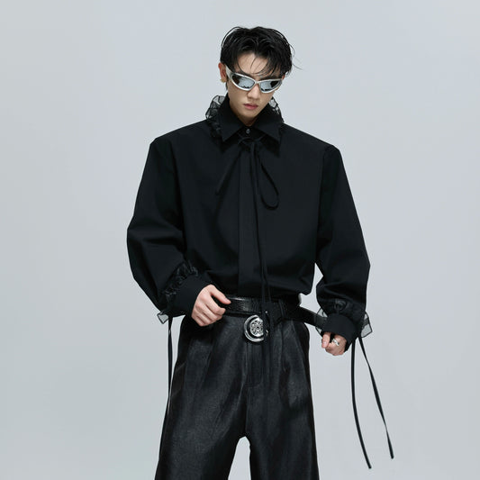 Detachable Ribbon Lace Shoulder-Pad Long Sleeve Shirt WN21713