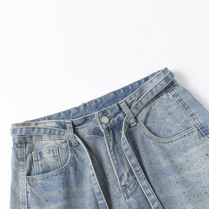 Rhinestone Drawstring Wide Leg Denim Jeans WN25560