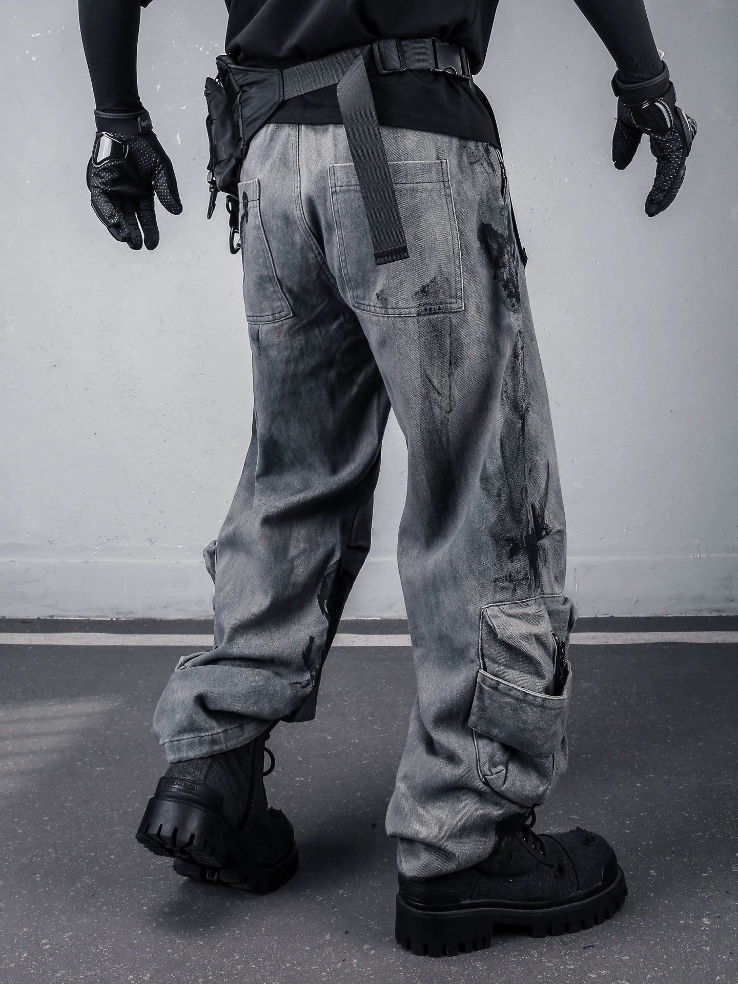 Graffiti Tie-Dye Fleece Lining Wide Leg Cargo Pants WN22463