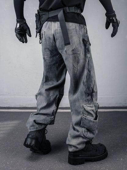 Graffiti Tie-Dye Fleece Lining Wide Leg Cargo Pants WN22463
