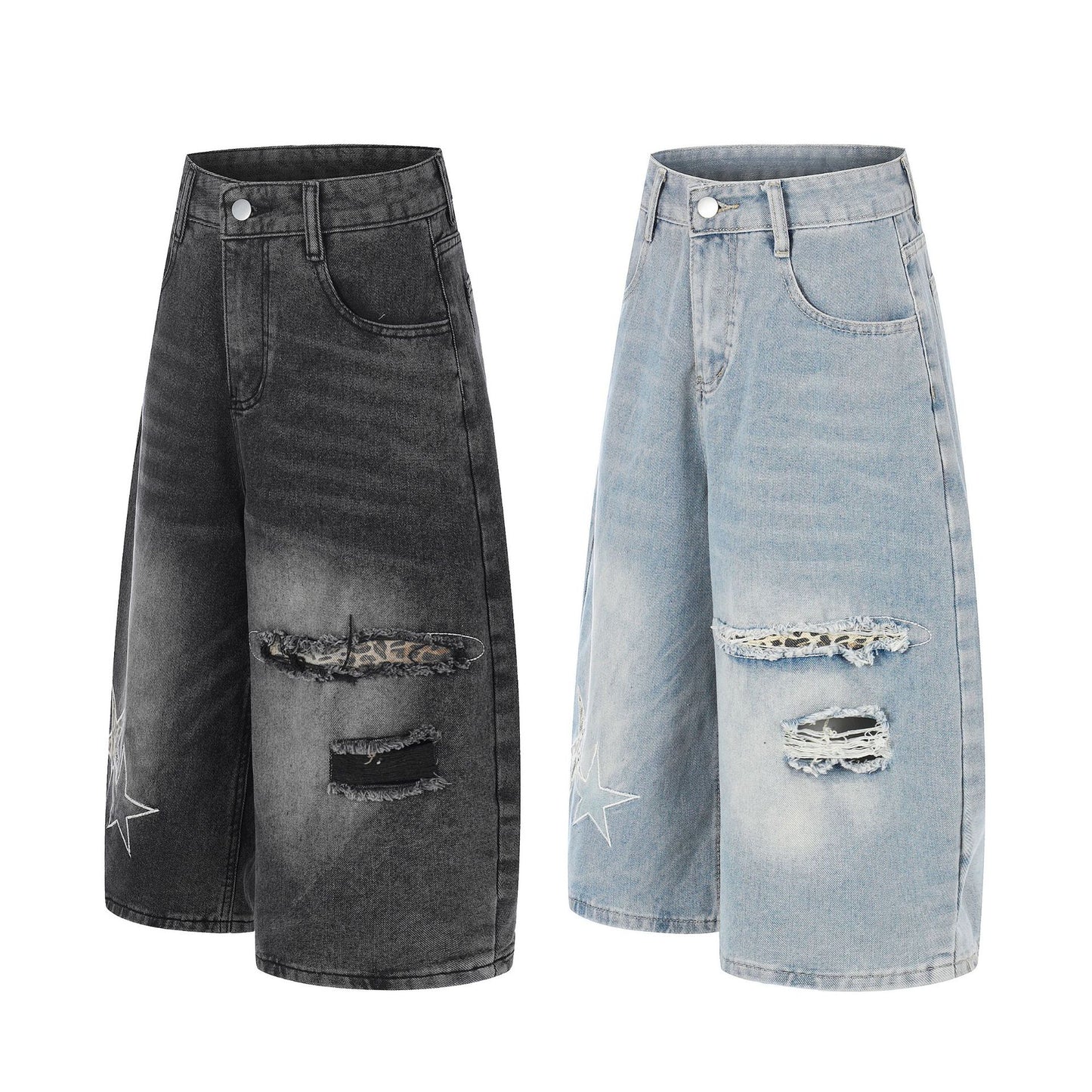 Star Patch Embroidery Curved Denim Half Pants WN25717