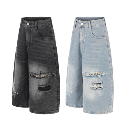 Star Patch Embroidery Curved Denim Half Pants WN25717