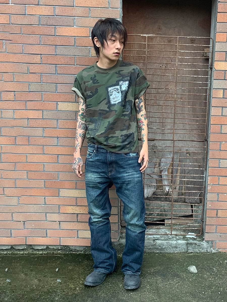 Cross Rhinestone Graphic Print Camouflage Short Sleeve T-Shirt WN17095