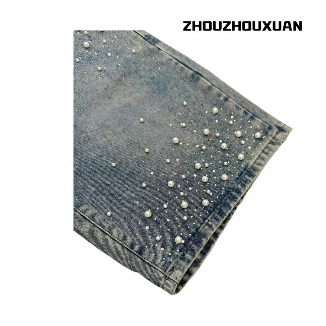 Wash Pearl Chain Short Denim Jeans WN20708