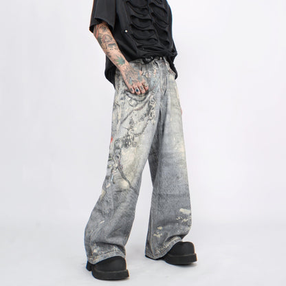 Chain Print Damage Wide-Leg Straight Denim Jeans WN6955