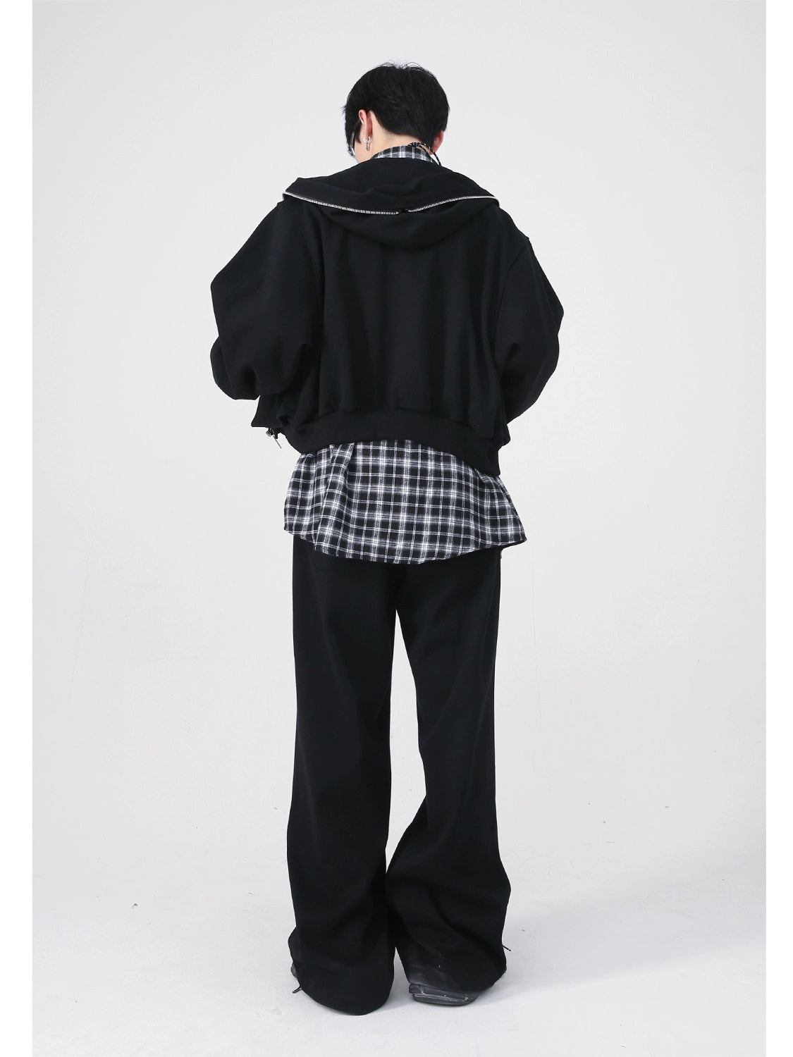 Fake Layered Short Zipper Hoodie & Tuck-in Wide-Leg Sweatpants Setup WN9378