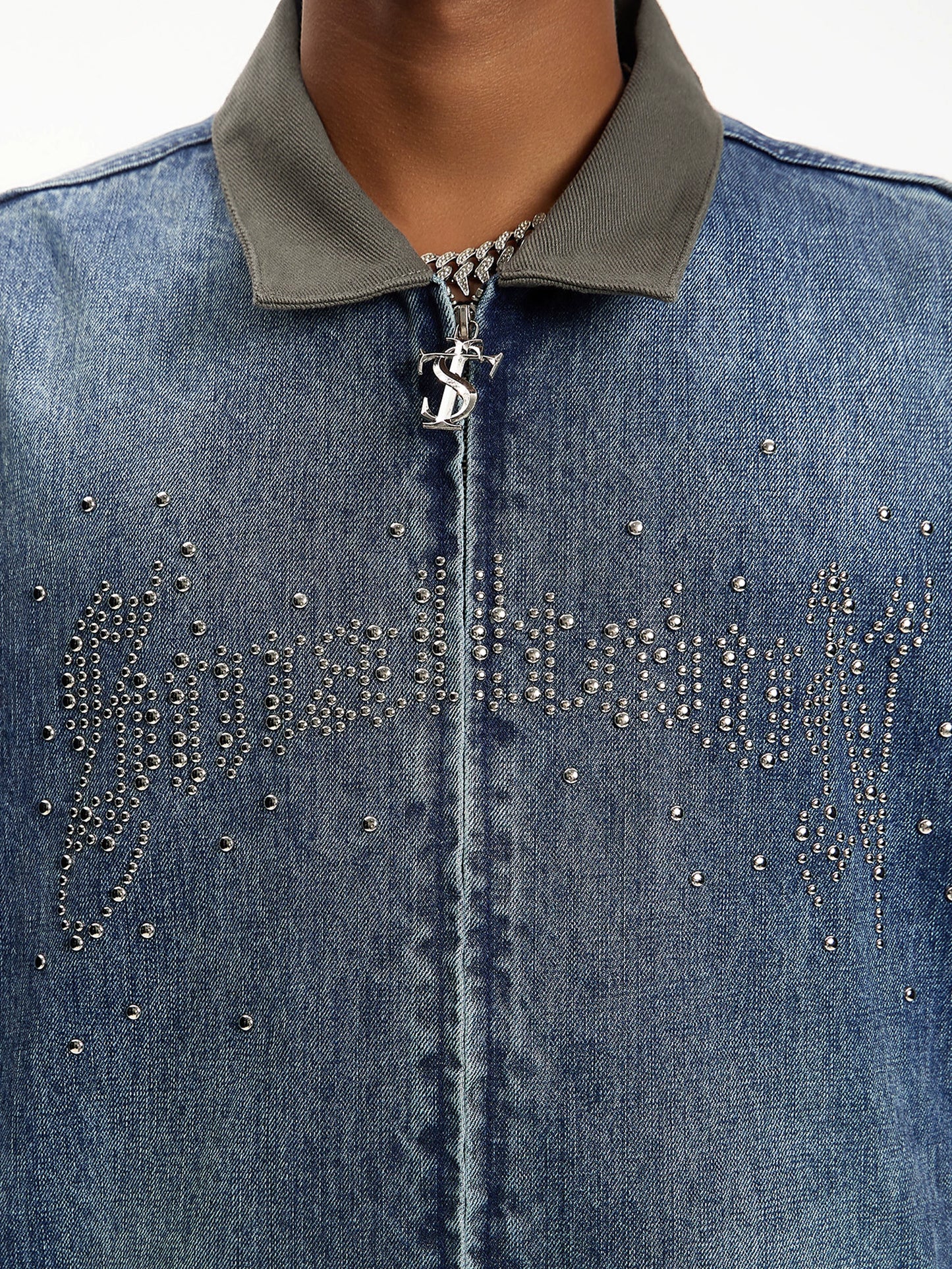 Patchwork Collar Washed Rivet Denim Jacket WN11934