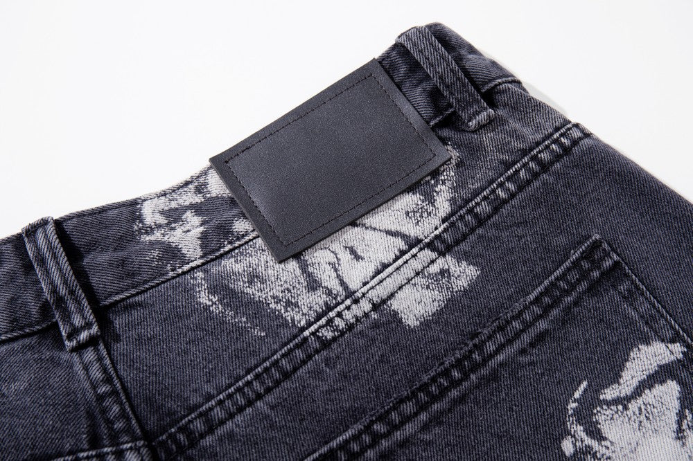 Washed Graphic Print Wide Leg Denim Jeans WN27794