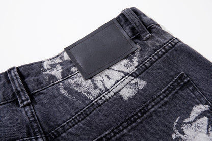 Washed Graphic Print Wide Leg Denim Jeans WN27794