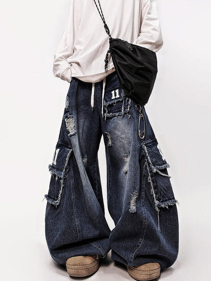 Number Patch Damage Wide Leg Cargo Denim Jeans WN24012