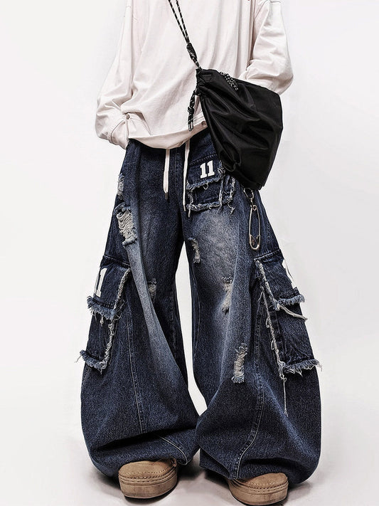 Number Patch Damage Wide Leg Cargo Denim Jeans WN24012
