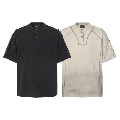 Semi-Open Collar Washed Short Sleeve T-Shirt WN25641