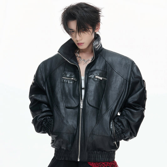 Heavyweight Oil Wax Stand Neck Multi-Zipper PU Leather Jacket WN23333
