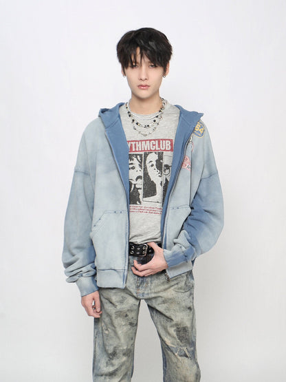 Washed Decorative Detail Zipper Hoodie WN24473