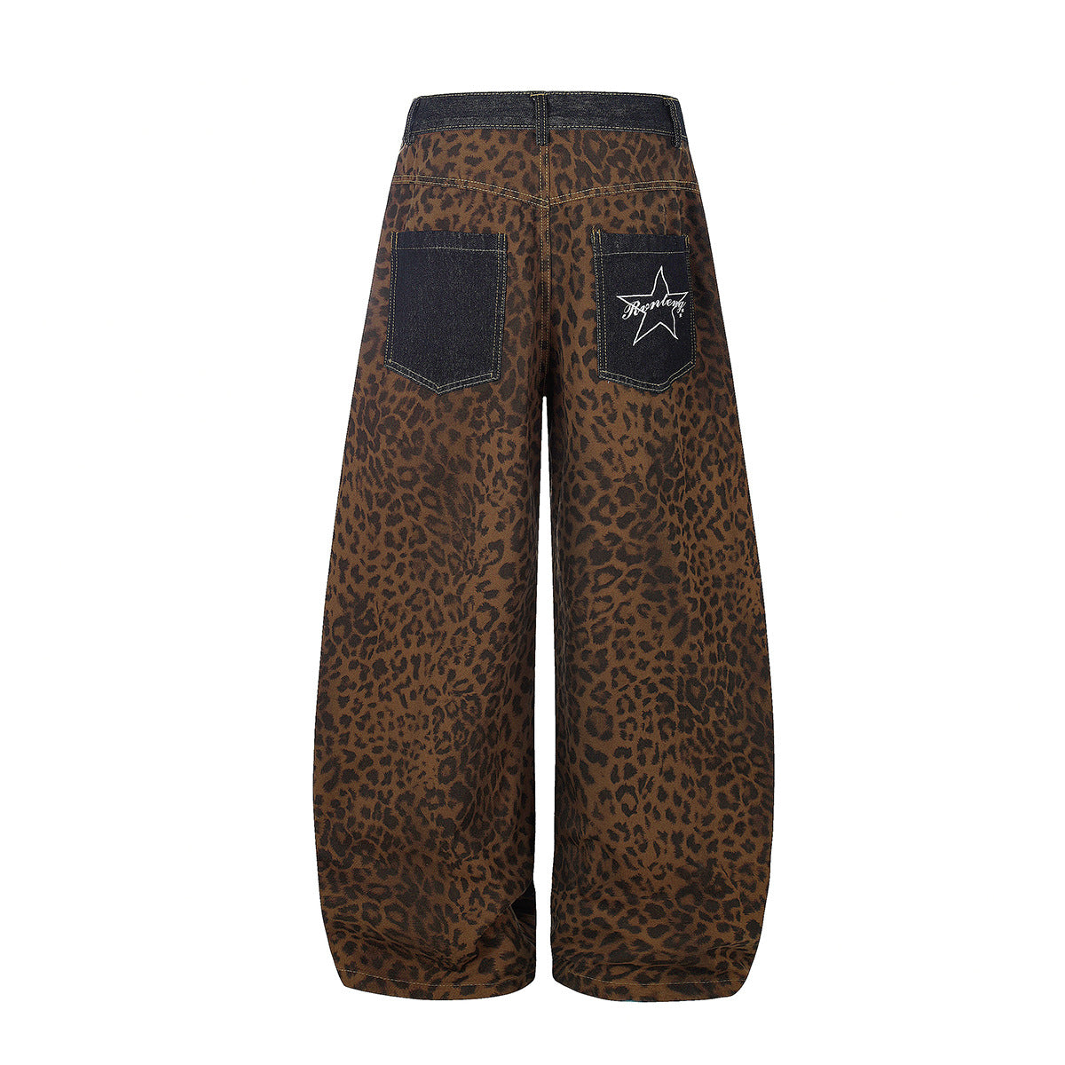Leopard Print Curved Wide Leg Denim Jeans WN25679