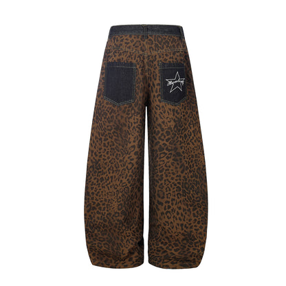 Leopard Print Curved Wide Leg Denim Jeans WN25679
