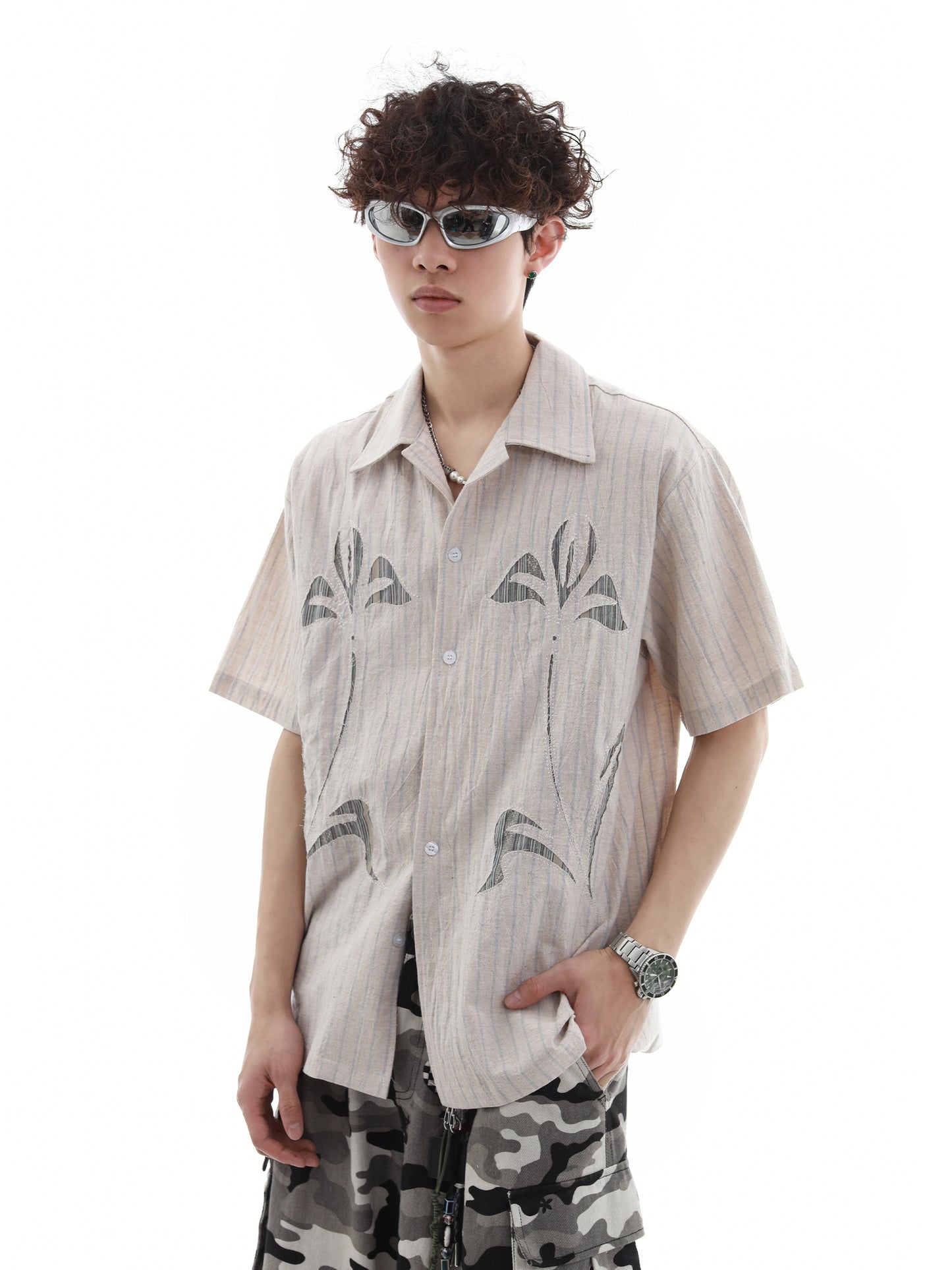 Patch Embroidery Stripe Short Sleeve Shirt WN15707