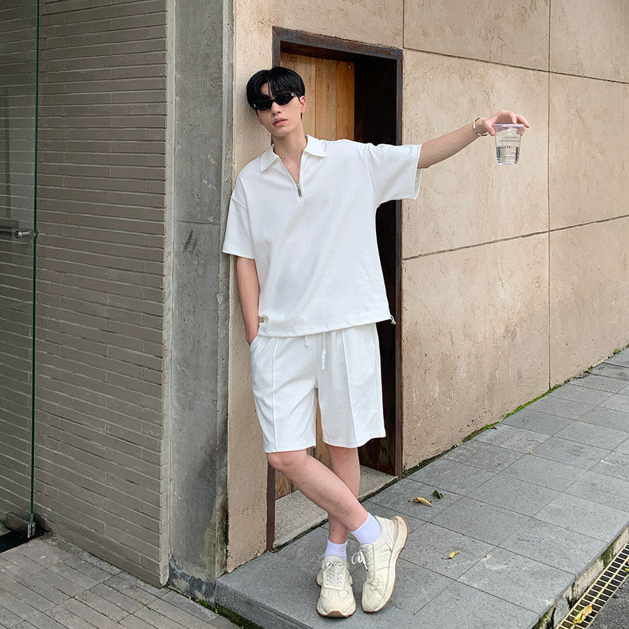 Half Zip Open Collar Short Sleeve T-Shirt & Half Pants Setup
