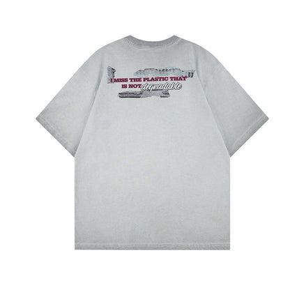 Washed Portrait Letter Print Short Sleeve T-Shirt WN25764