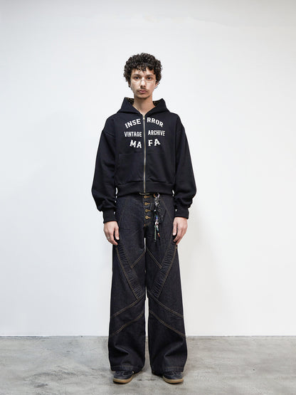 Embroidery Leopard Print Letter Print Short Zipper Hoodie WN22923