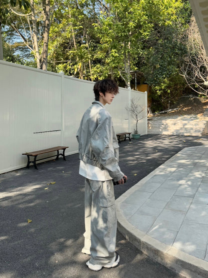 Washed Workwear Straight Oversize Denim Jacket & Wide Leg Straight Cargo Denim Jeans Setup WN23170